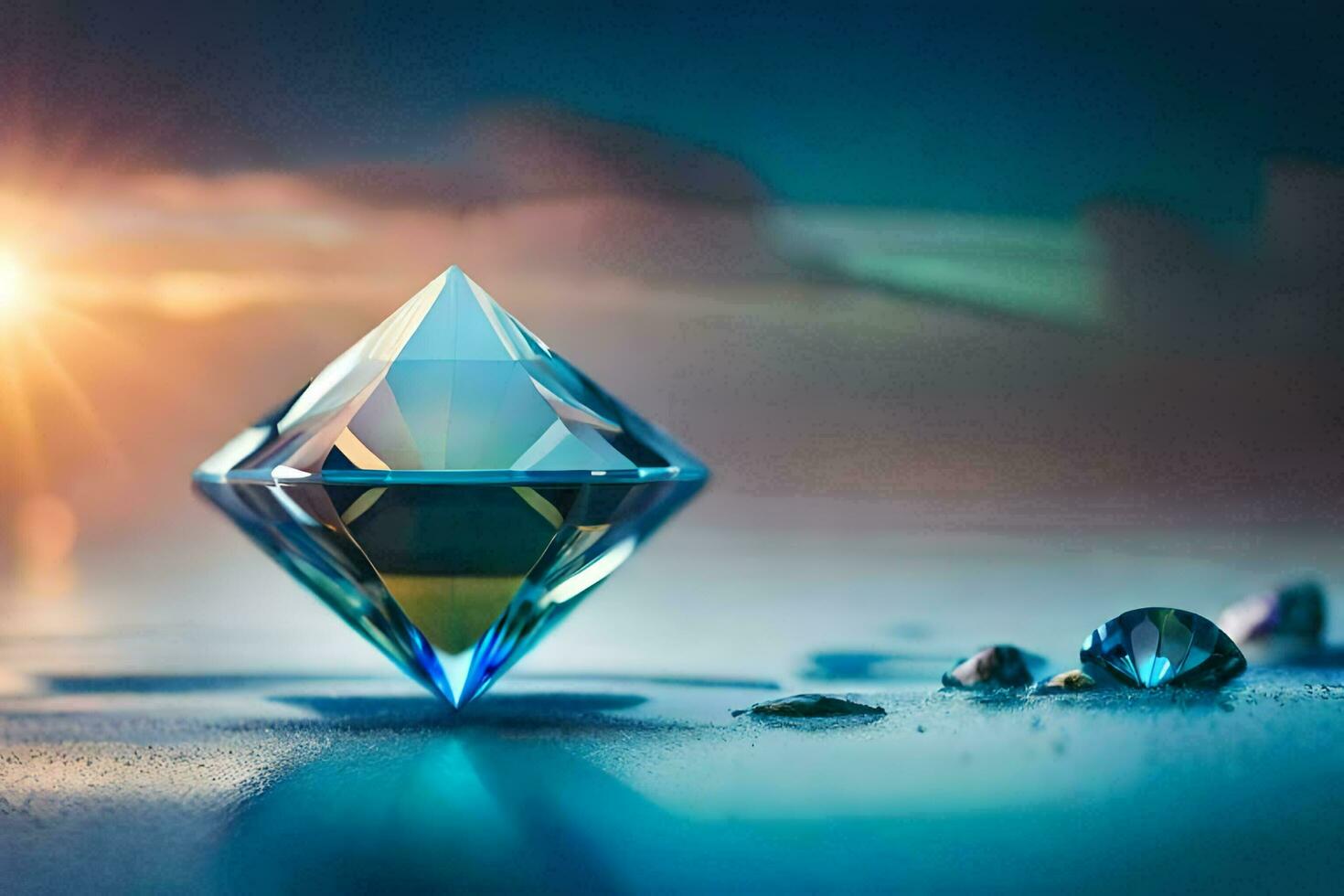 a diamond is sitting on the ground with a sun in the background. AI-Generated photo