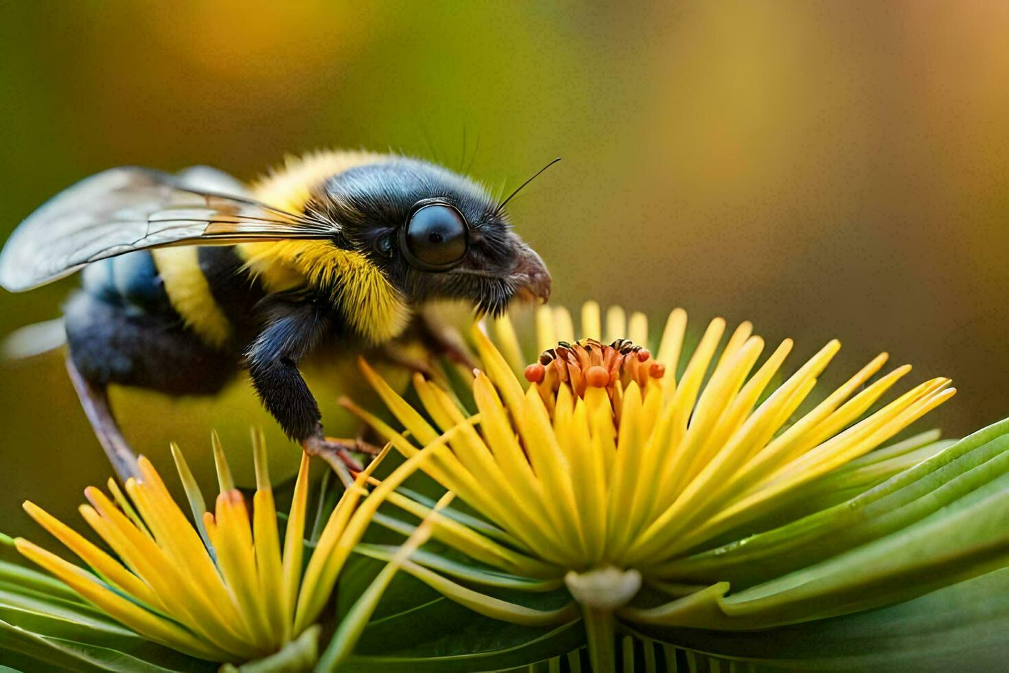 a bee is sitting on a flower with yellow and black stripes. AI-Generated photo