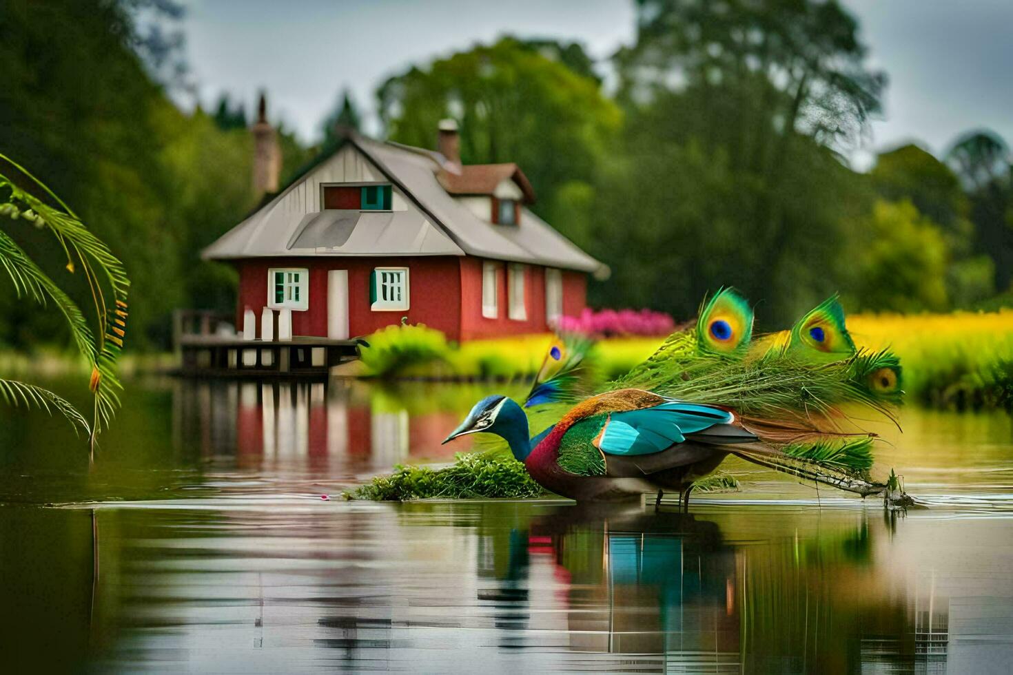 a peacock is standing on the water with a red house in the background. AI-Generated photo