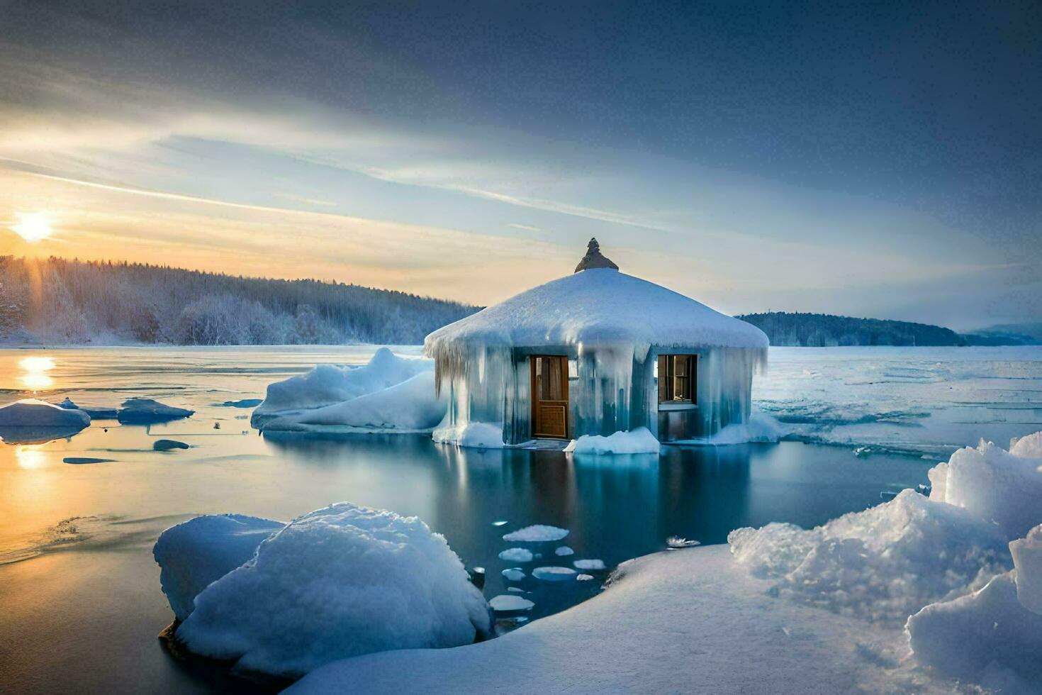 a small hut is surrounded by ice and snow. AI-Generated photo