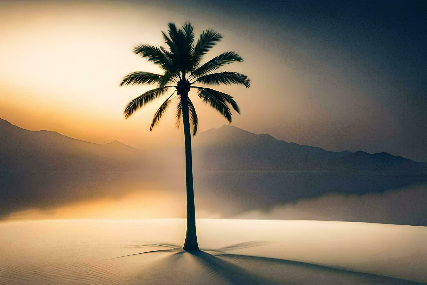 a palm tree stands alone on a sandy beach at sunset. AI-Generated photo