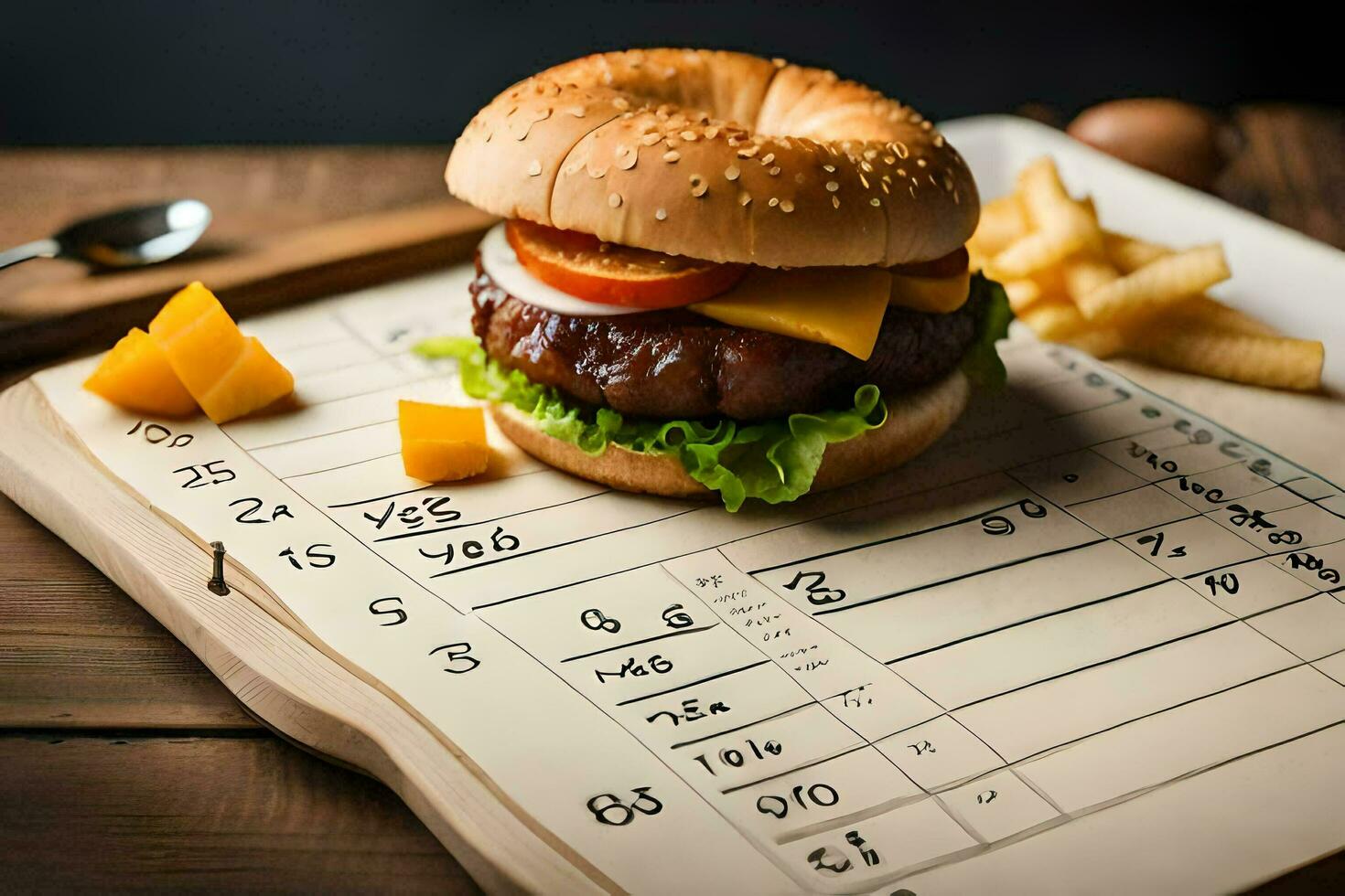 a hamburger and fries on a paper menu. AI-Generated photo