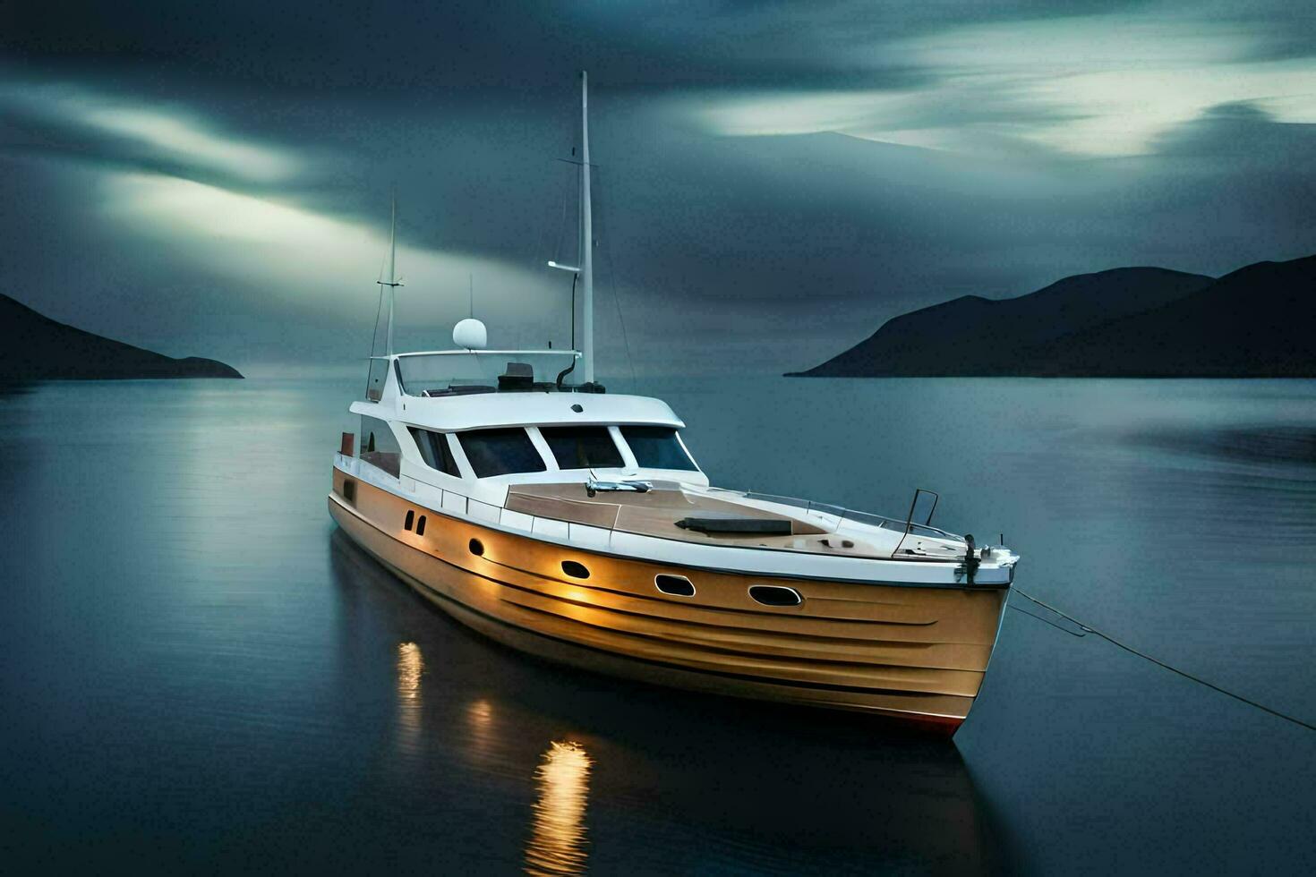 a boat is floating in the water at night. AI-Generated photo