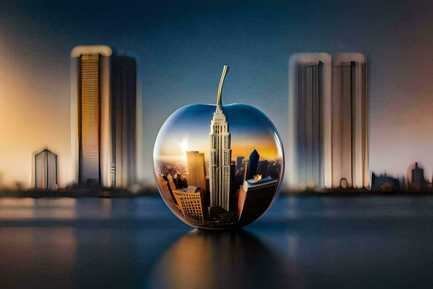 a reflection of a city in an apple. AI-Generated photo