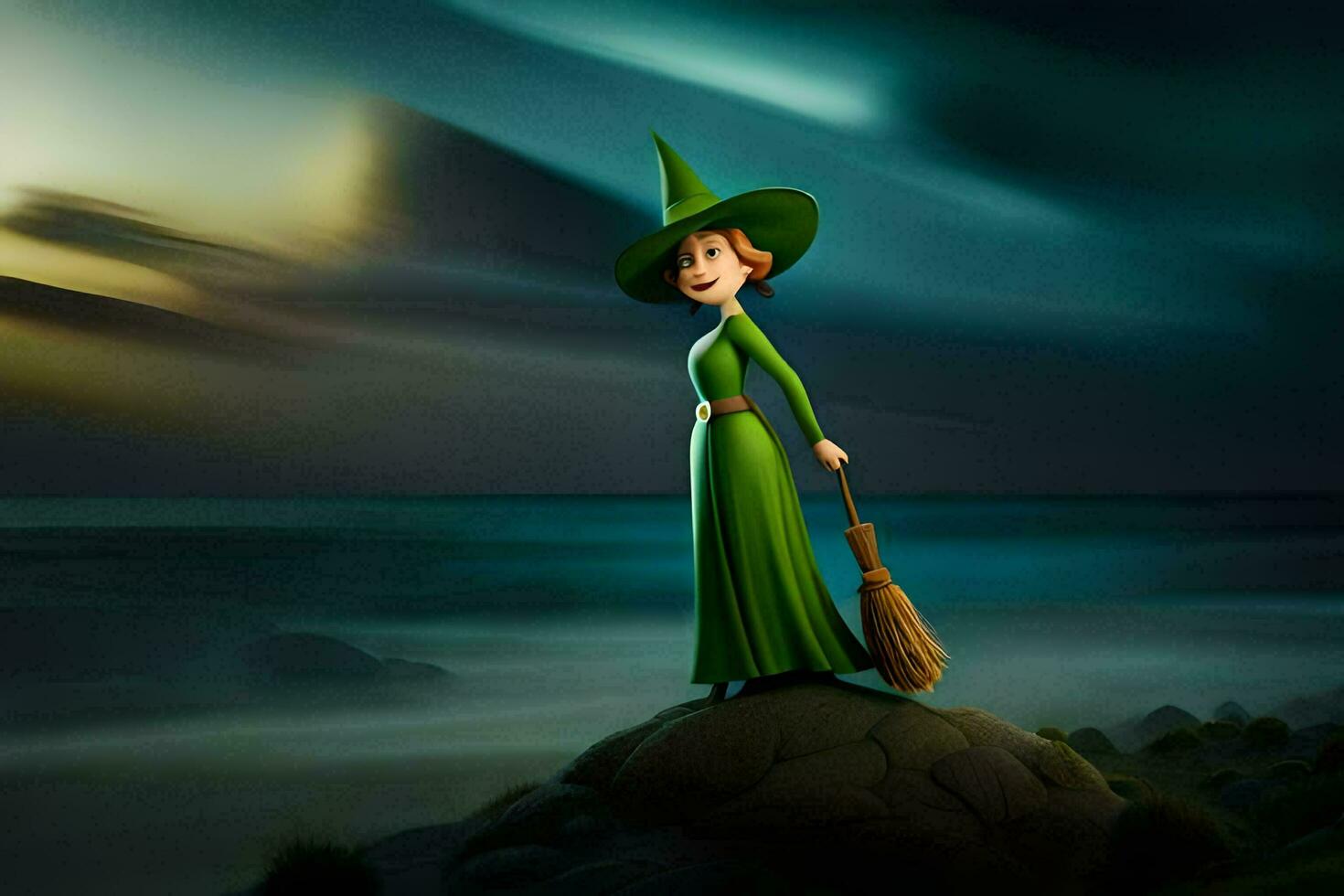 the witch is standing on a rock with a broom. AI-Generated photo