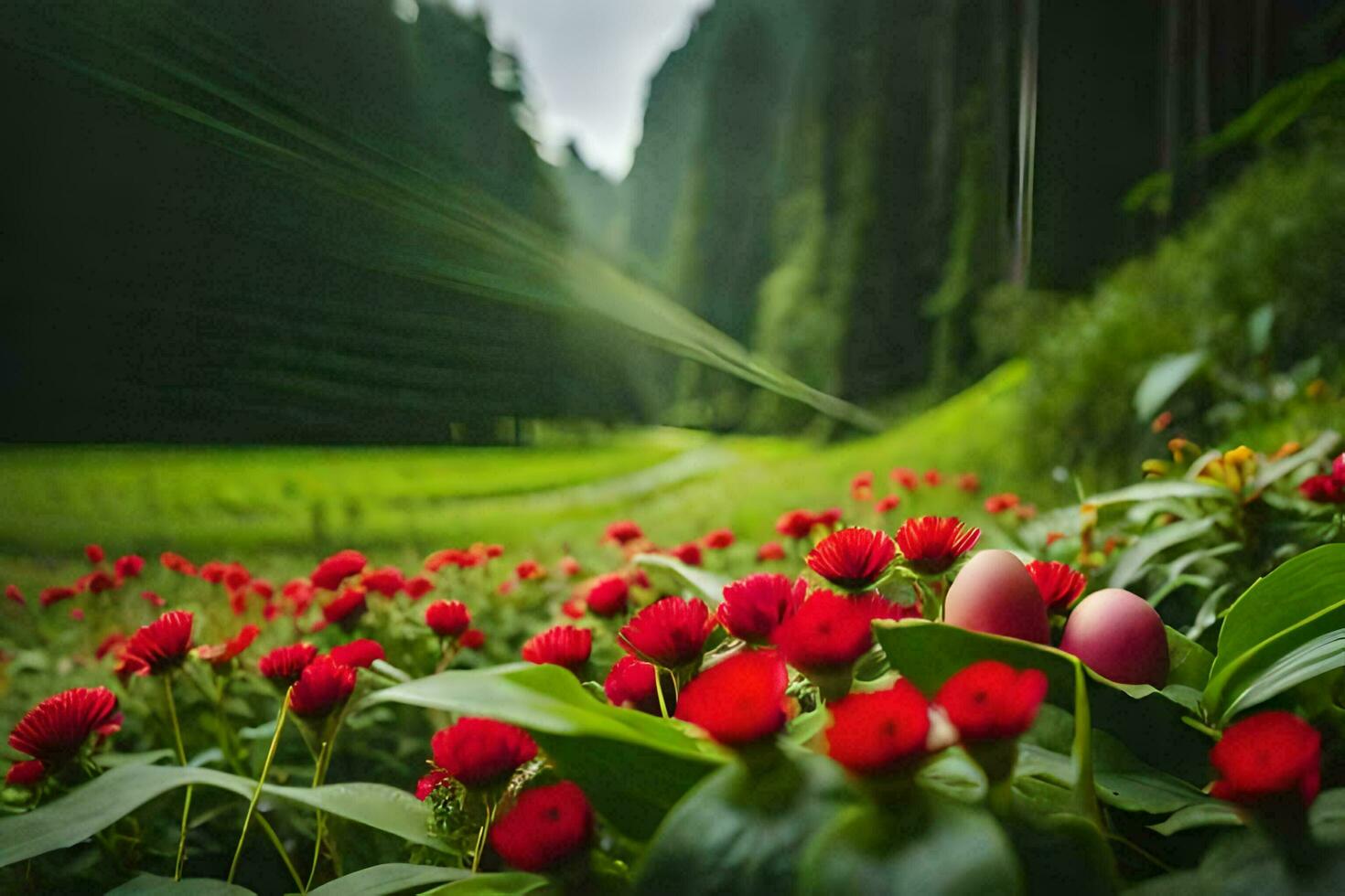 red flowers in the forest with a green background. AI-Generated photo