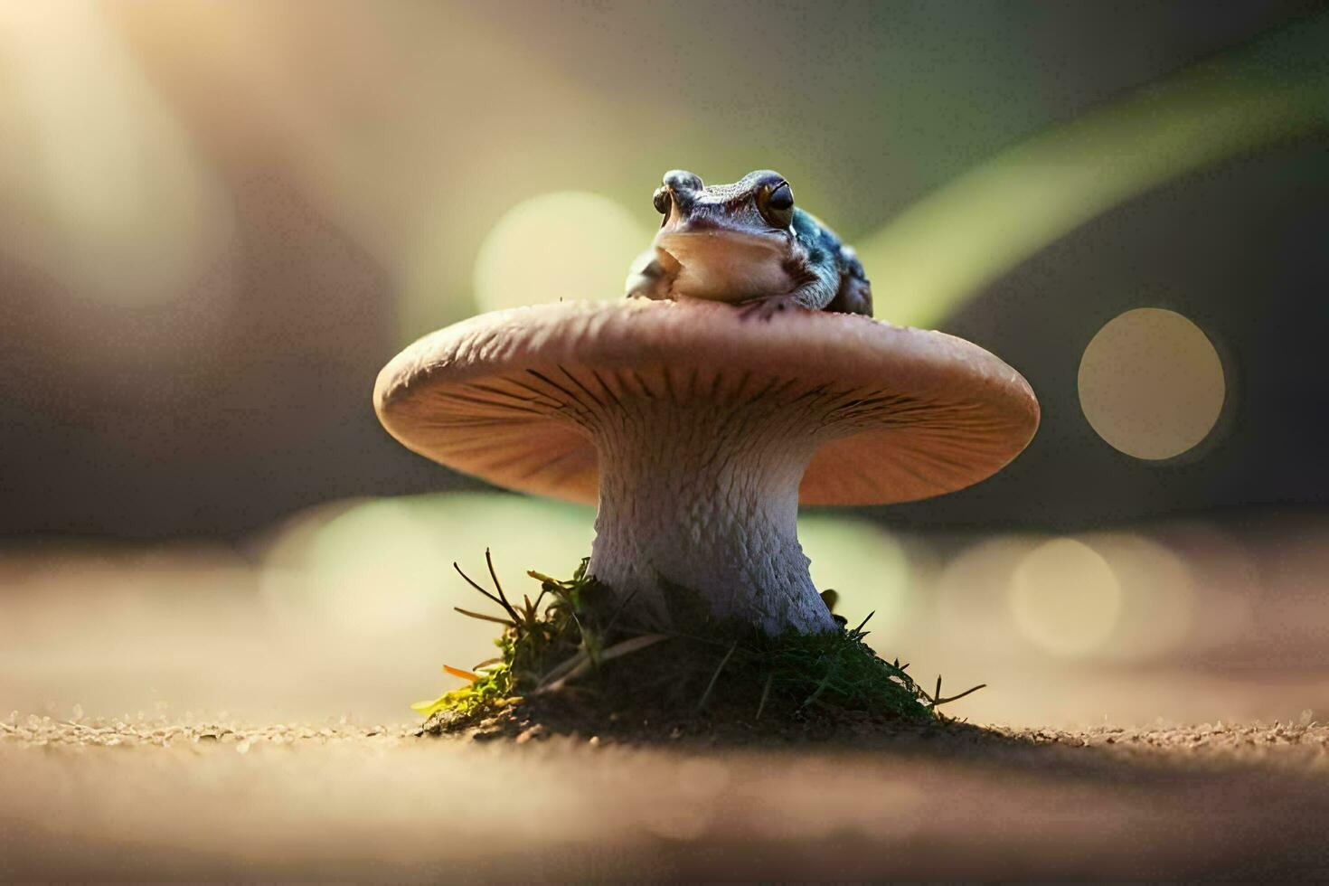 a frog sits on top of a mushroom. AI-Generated photo