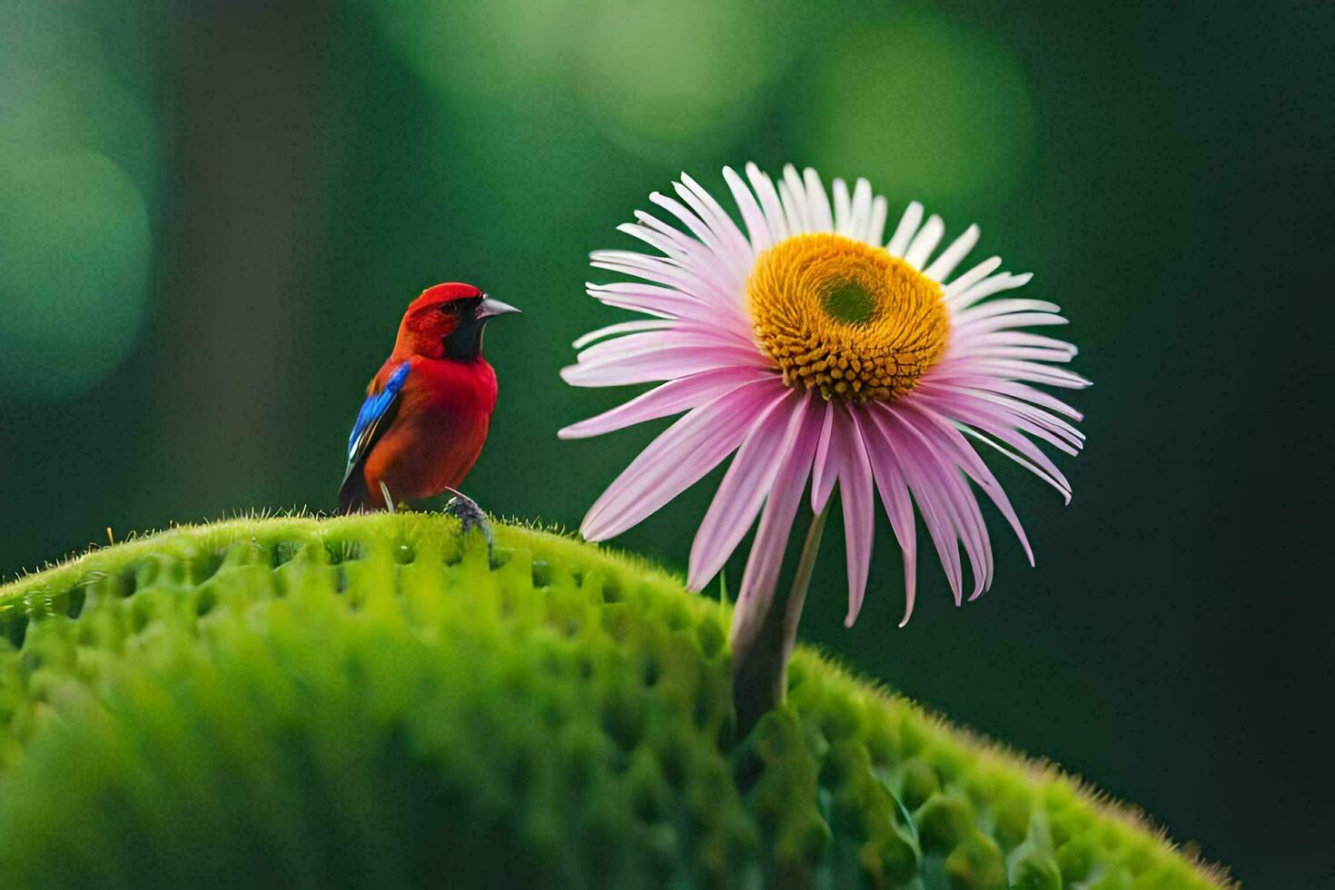 a bird is perched on a flower in the middle of a green field. AI-Generated photo