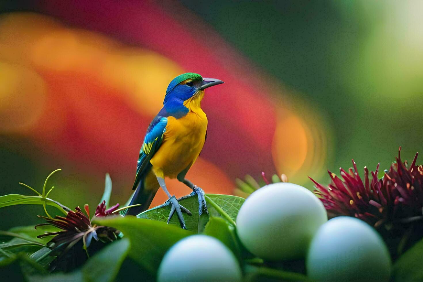 a colorful bird is perched on a plant with eggs. AI-Generated photo