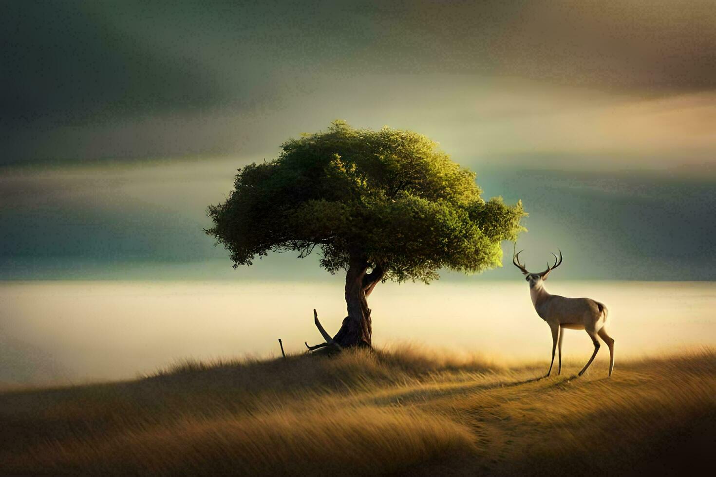 a deer stands under a tree in a field. AI-Generated photo