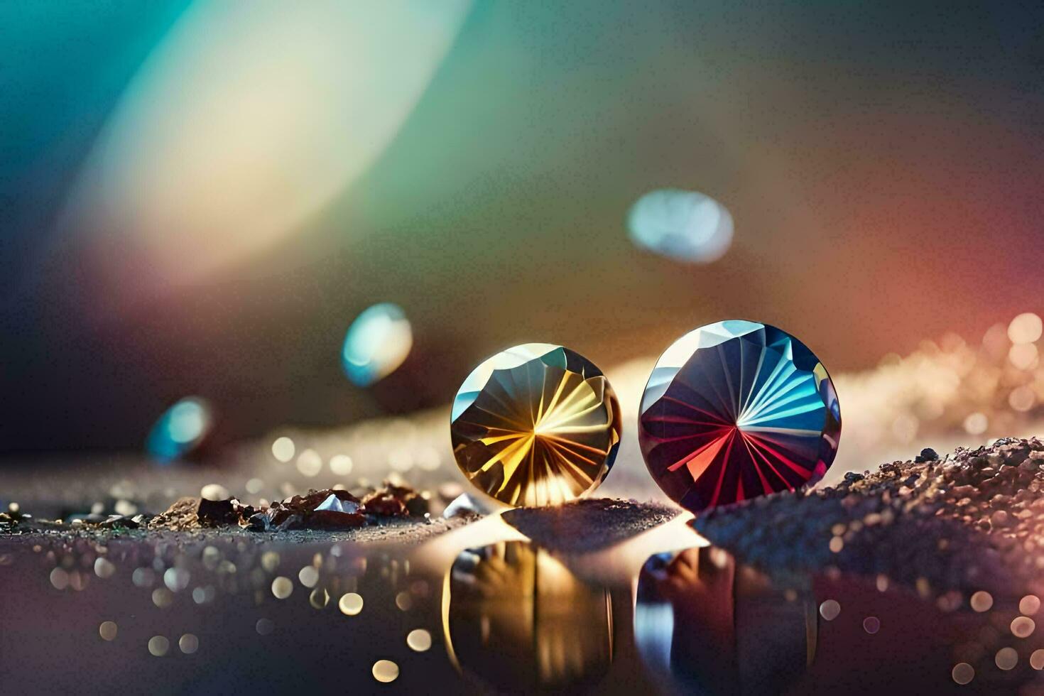 three colorful diamonds on a table with a light. AI-Generated photo
