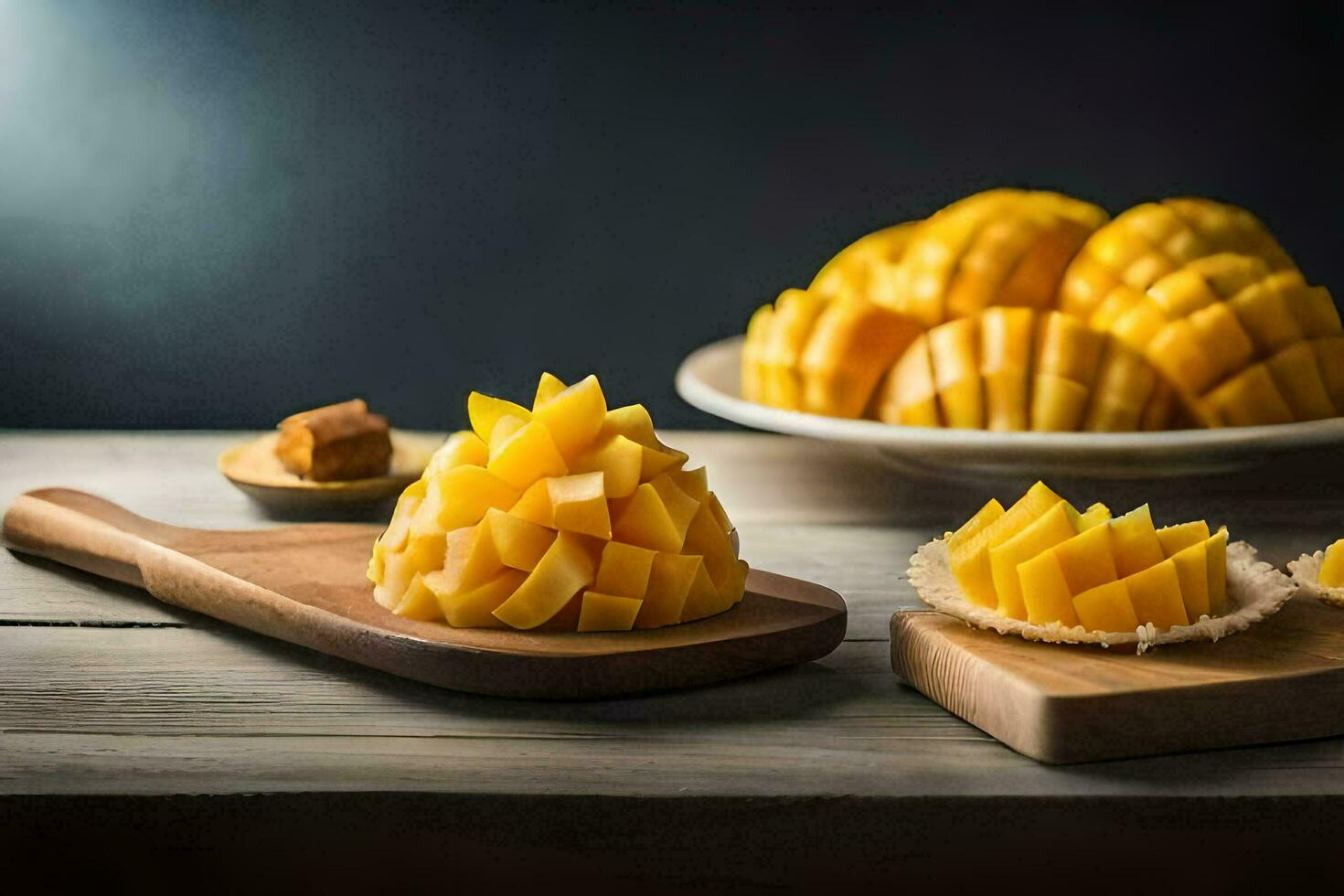 a plate of sliced mangoes on a wooden table. AI-Generated photo