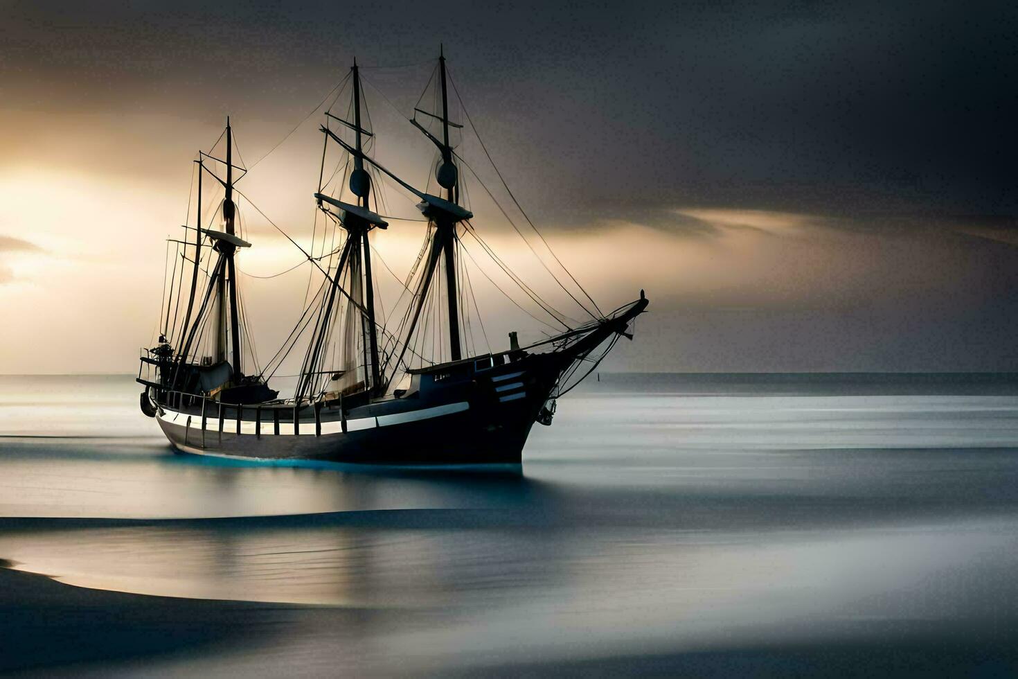 a sailing ship in the ocean at sunset. AI-Generated photo