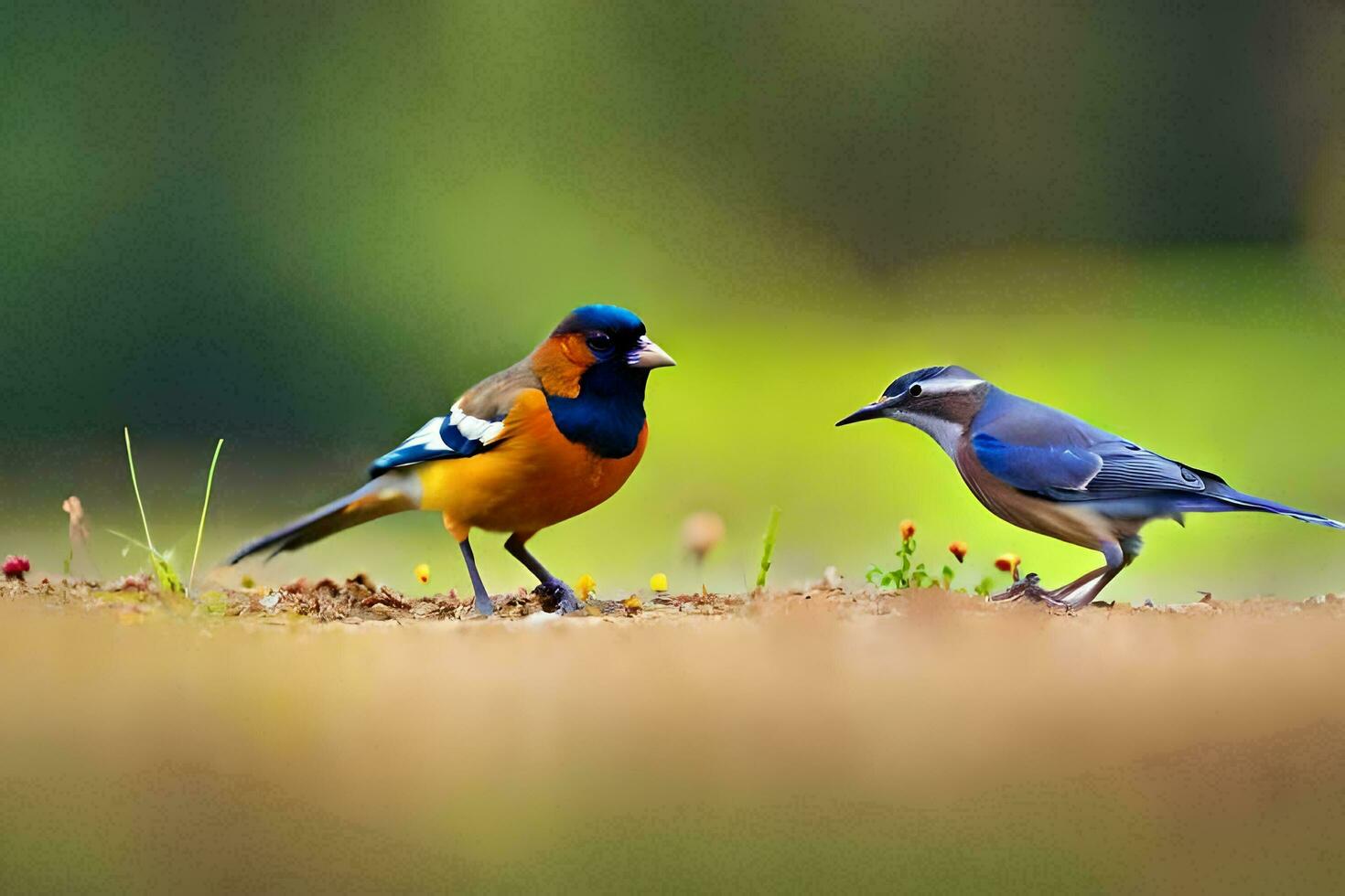 two birds standing on the ground in a field. AI-Generated photo