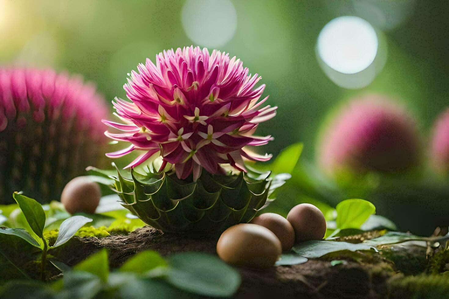 a pink flower and eggs on a green background. AI-Generated photo