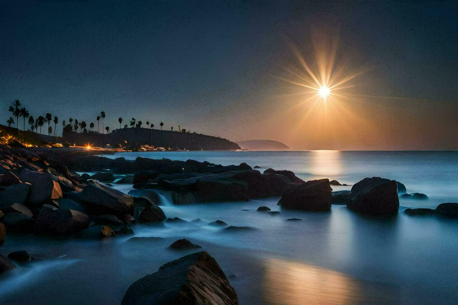 el Luna brilla brillantemente terminado el Oceano y rocas generado por ai foto