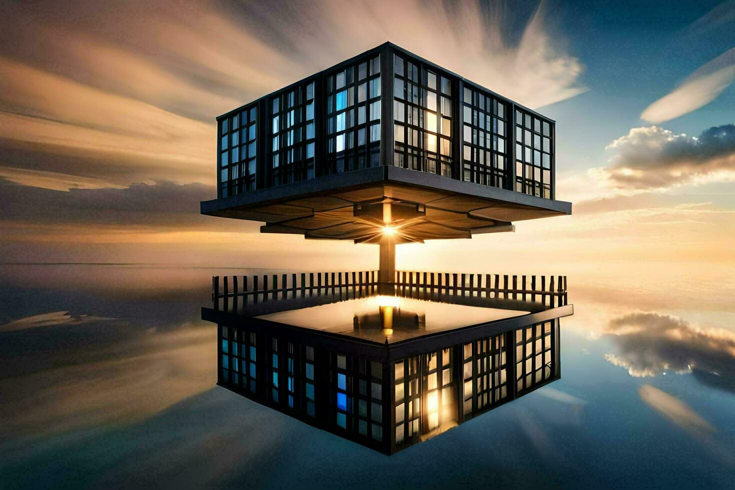 a house floating in the water with the sun setting behind it. AI-Generated photo