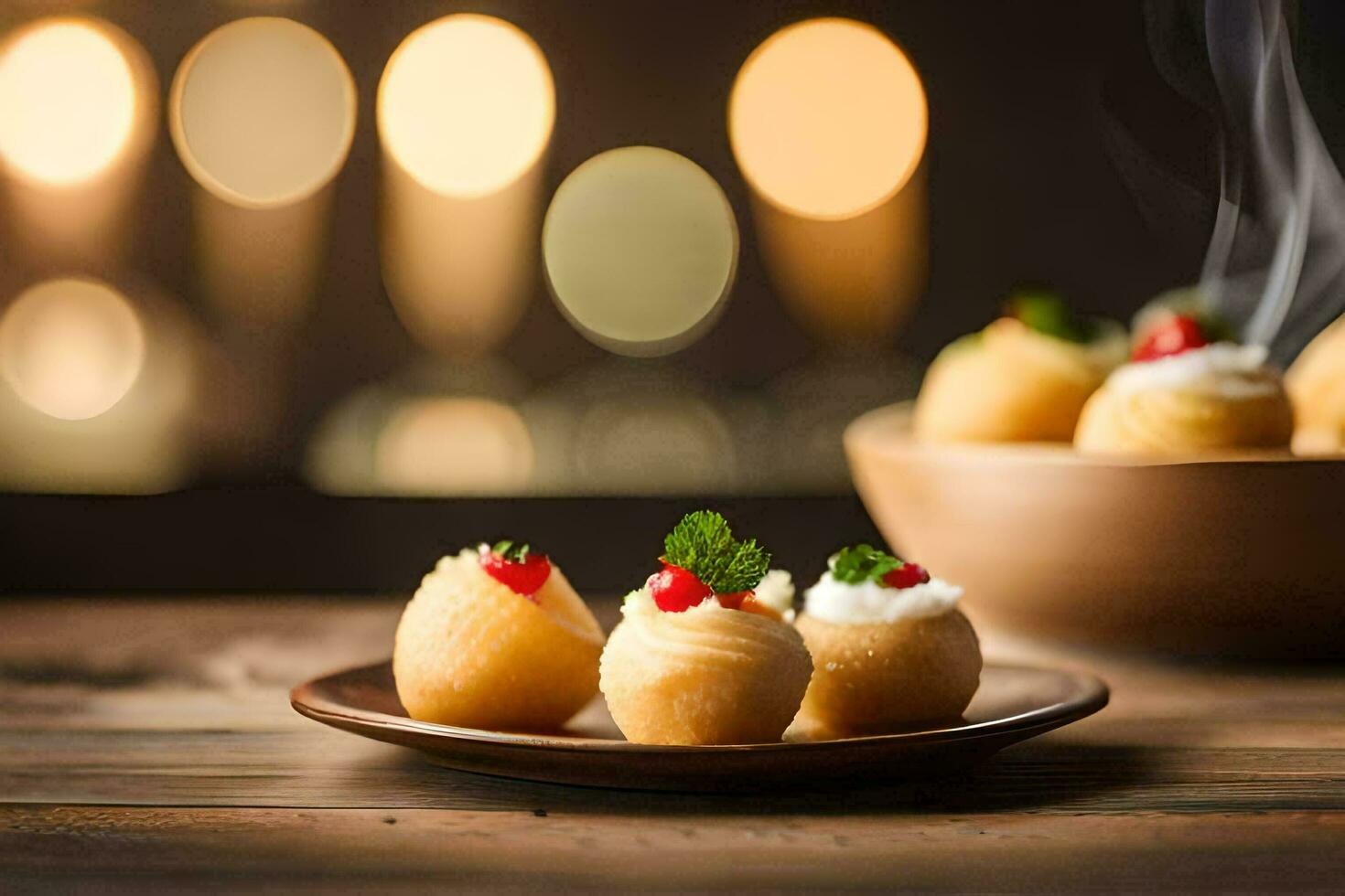 small food on a plate with candles in the background. AI-Generated photo