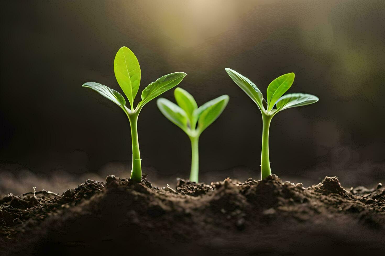 three young plants growing in soil. AI-Generated photo