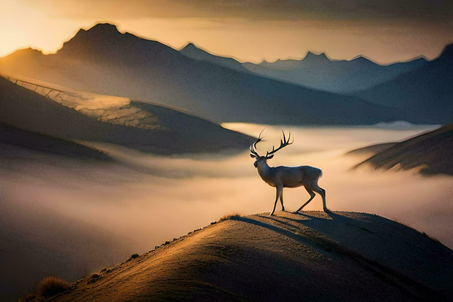 a deer stands on a hill in the fog with mountains in the background. AI-Generated photo