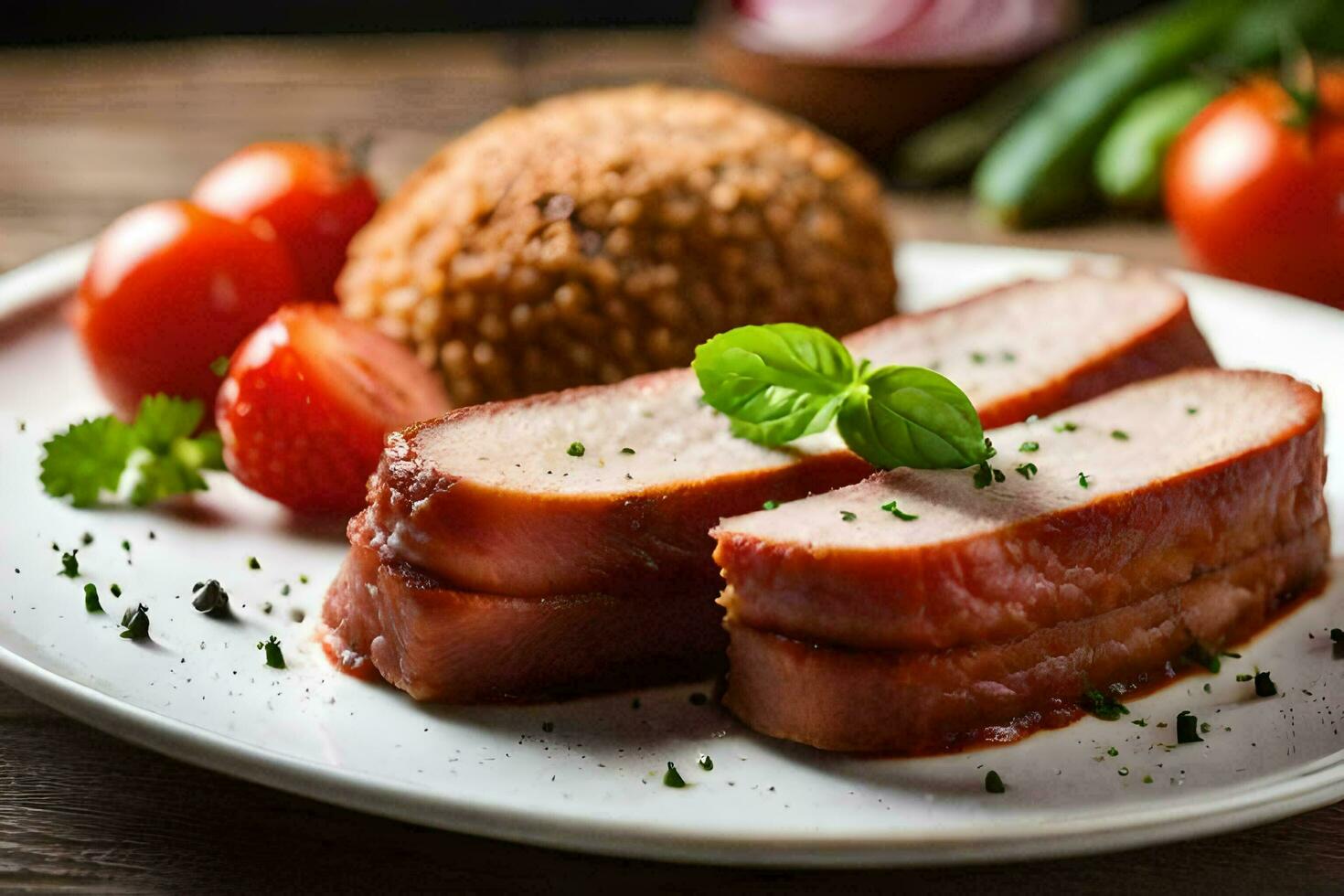 sliced pork on a plate with tomatoes and bread. AI-Generated photo