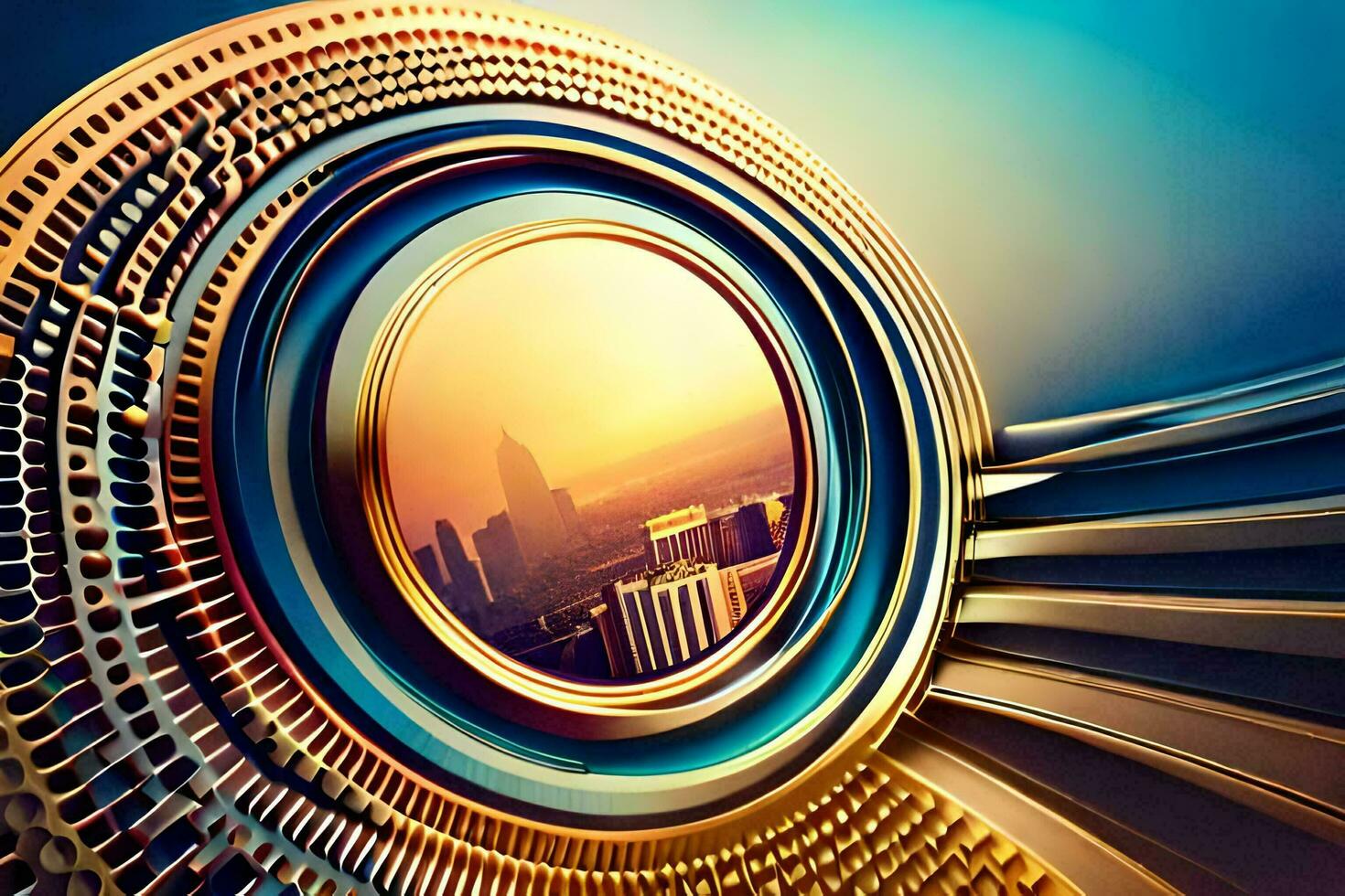 a circular lens with a city in the background. AI-Generated photo