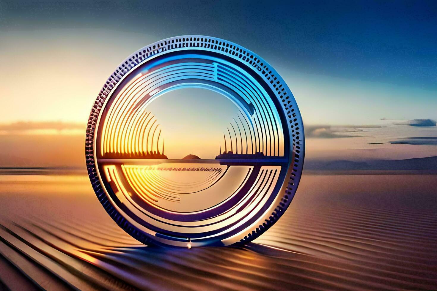 a circular object with a sunset in the background. AI-Generated photo