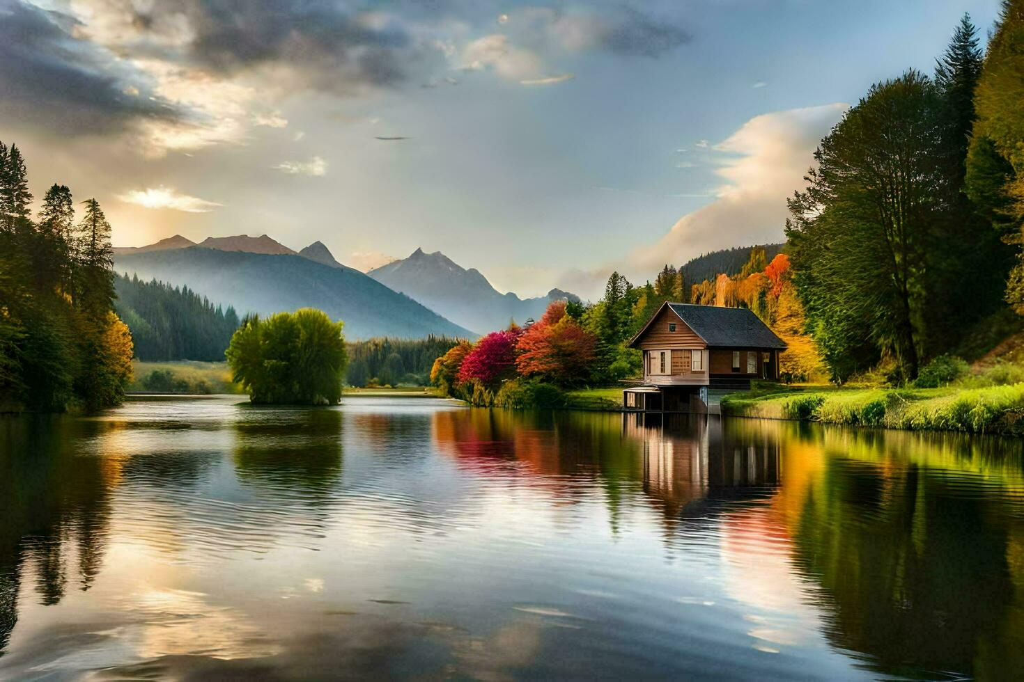 un lago y cabina en el montañas con otoño colores. generado por ai foto