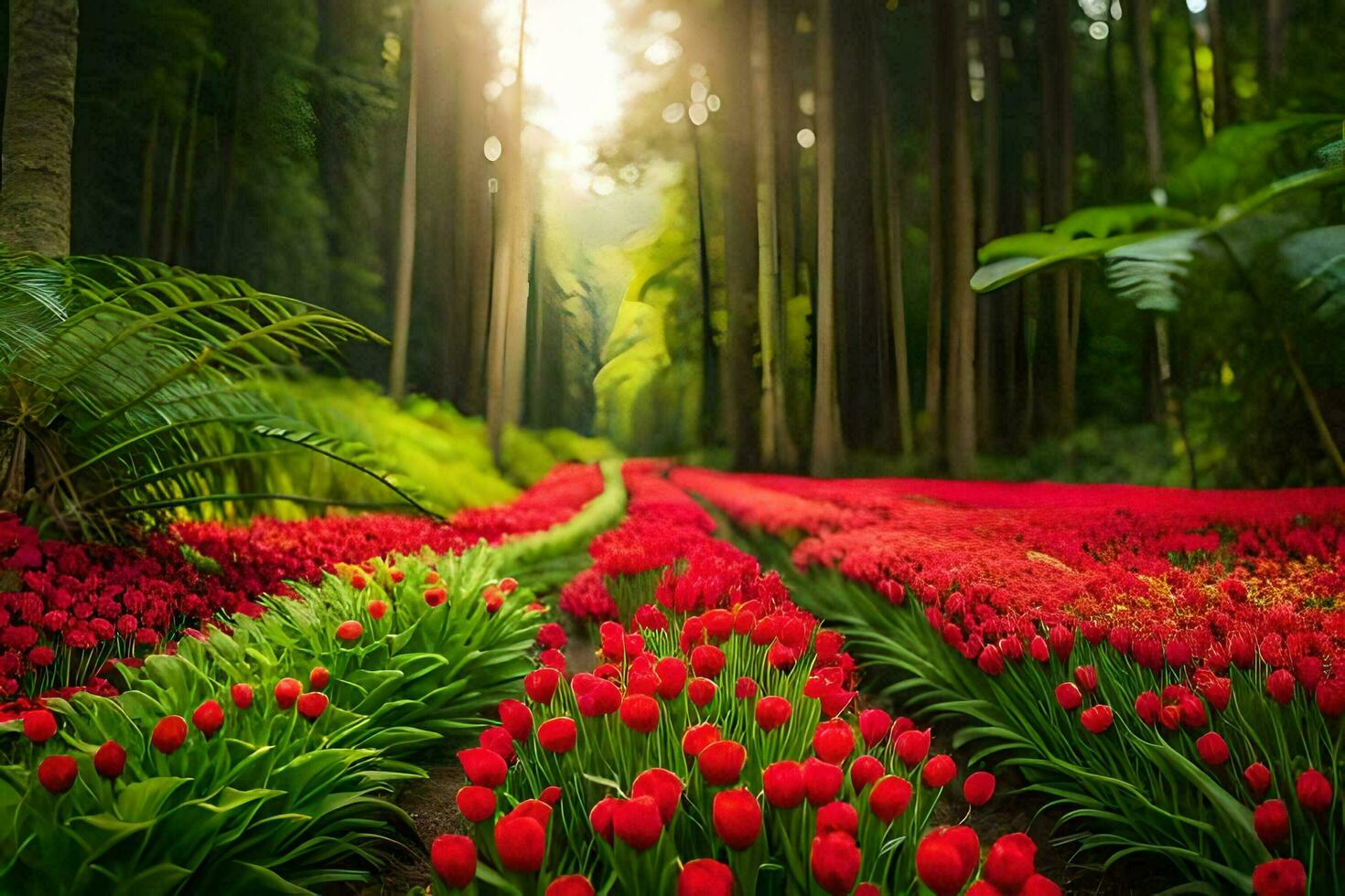 un campo de rojo tulipanes en el bosque. generado por ai foto
