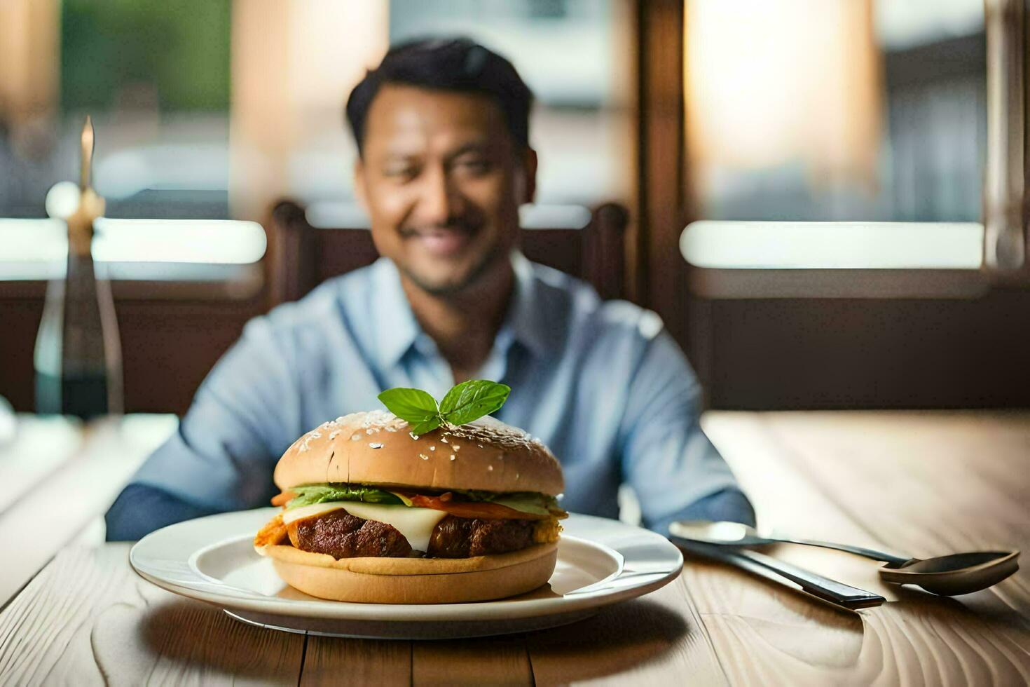 a man sitting at a table with a burger on it. AI-Generated photo