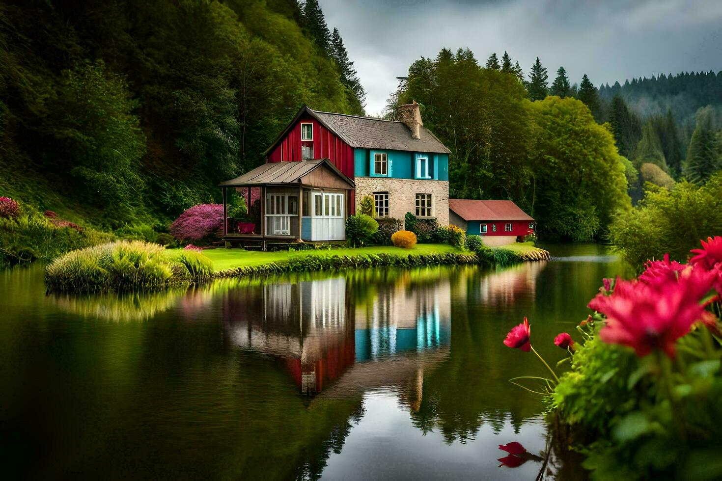 a house sits on the edge of a lake surrounded by trees. AI-Generated photo