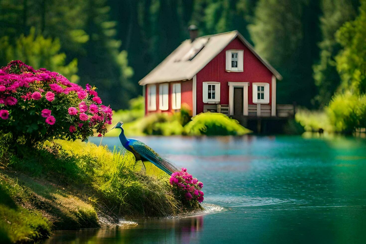 photo wallpaper water, the house, flowers, peacock, house, the house, the house. AI-Generated