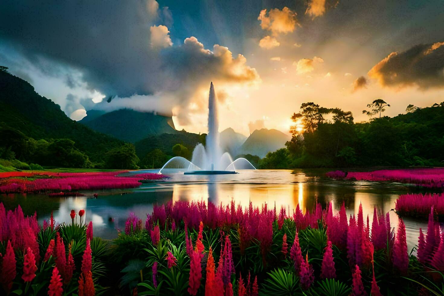 the sun rises over a lake and fountain in the middle of a field. AI-Generated photo
