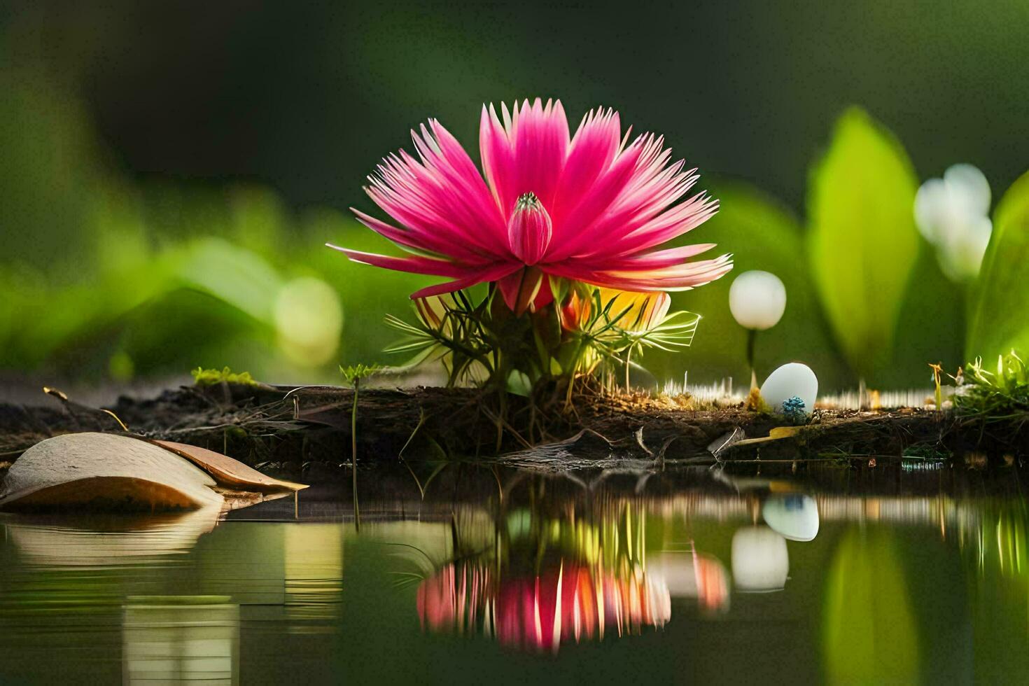 a pink flower is sitting on the edge of a pond. AI-Generated photo