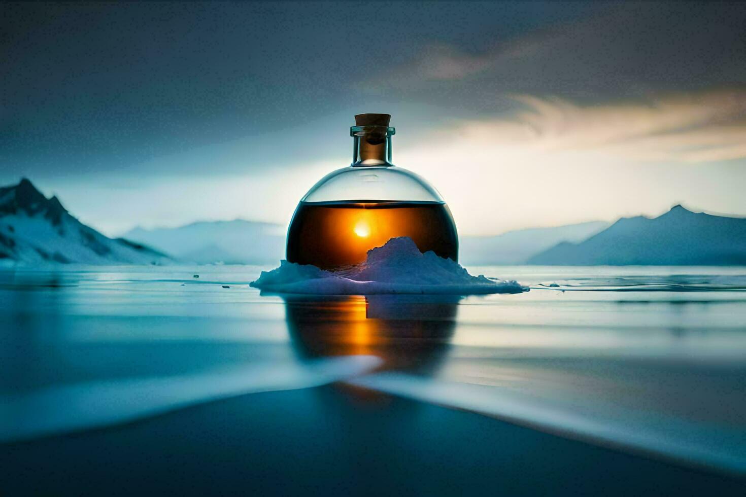 a bottle of whiskey floating in the water. AI-Generated photo