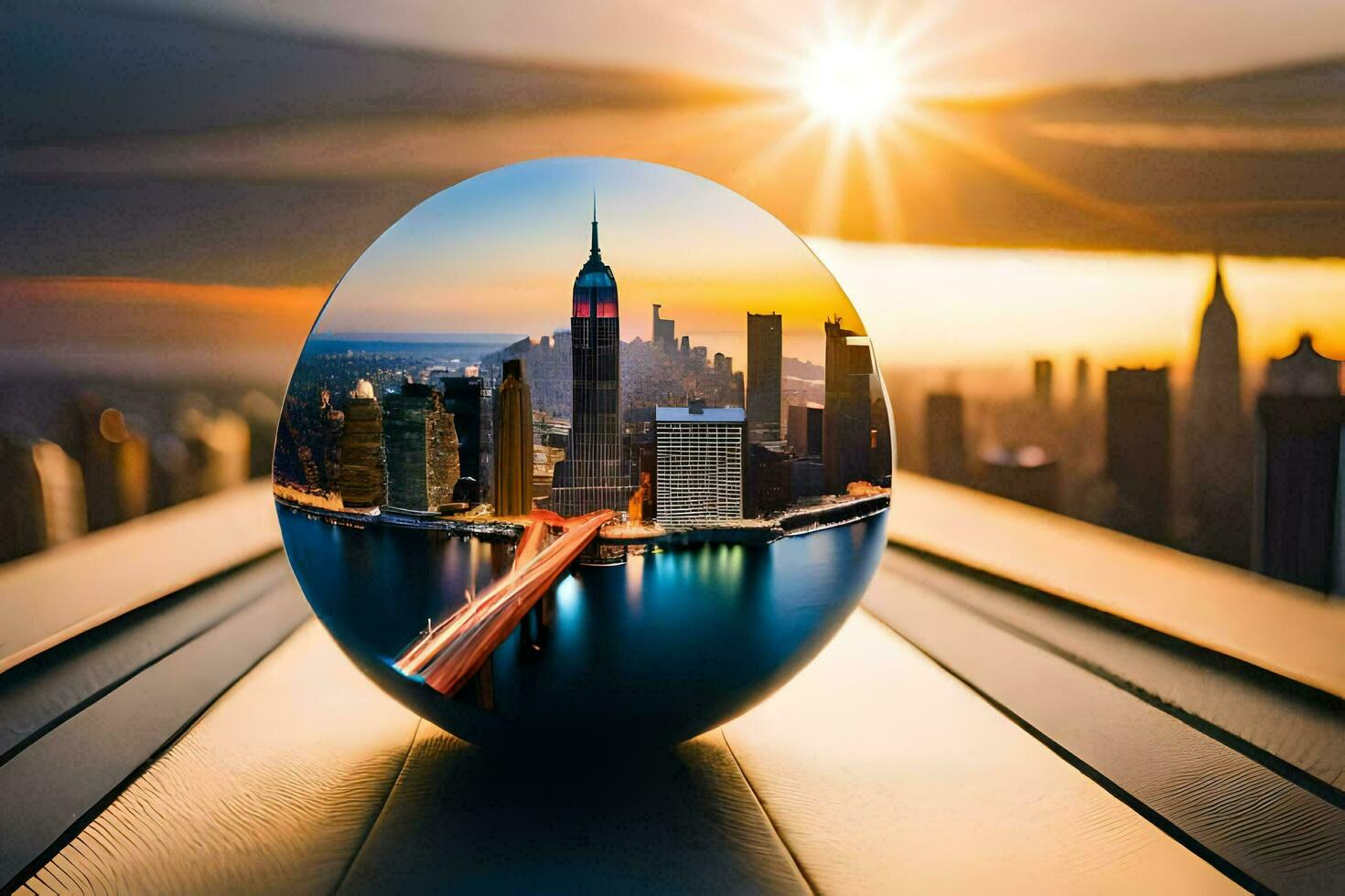a glass ball with a city skyline in the middle. AI-Generated photo