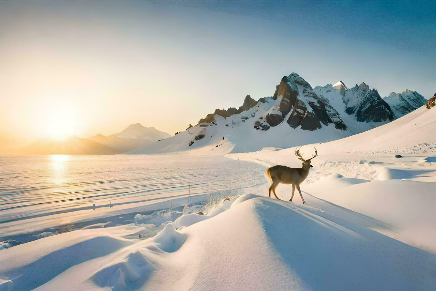 a deer stands on the snow covered ground in front of mountains. AI-Generated photo