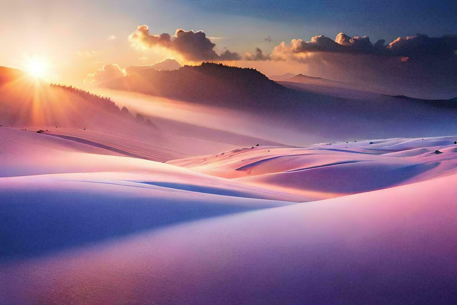 sunrise over the sand dunes, mountains, mountains, mountains, mountains, mountains, mountains. AI-Generated photo
