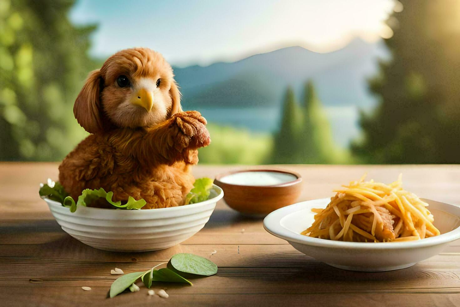 un relleno pollo sentado en un mesa con pasta y ensalada. generado por ai foto