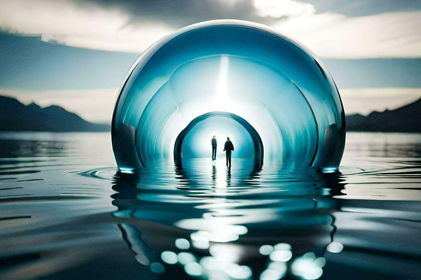 a man and woman walk through a large blue sphere. AI-Generated photo