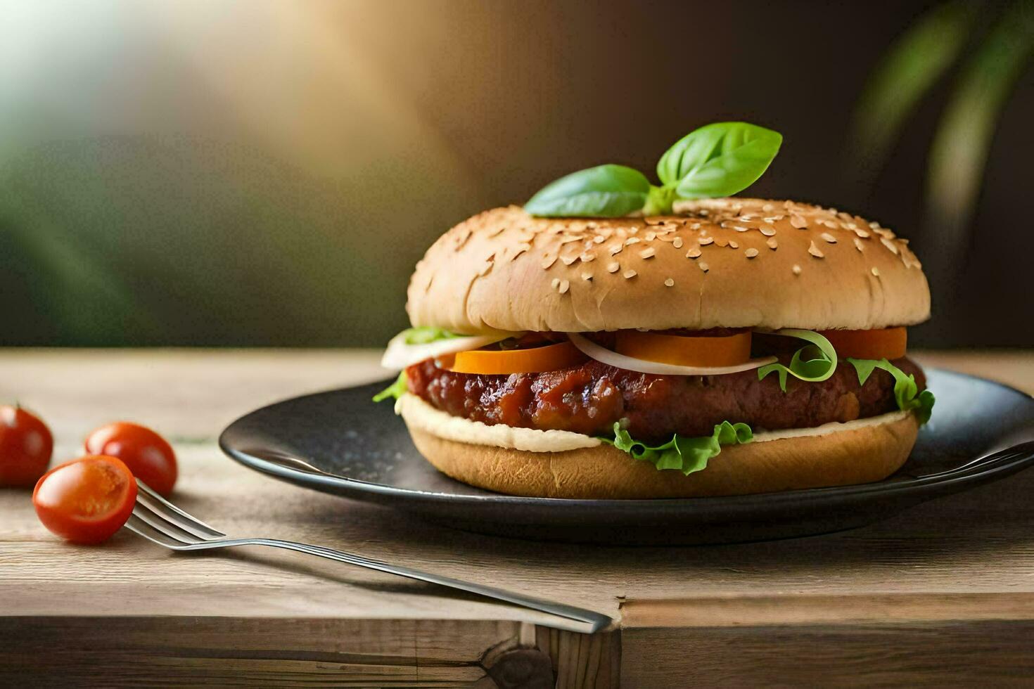 a hamburger with tomatoes and lettuce on a black plate. AI-Generated photo