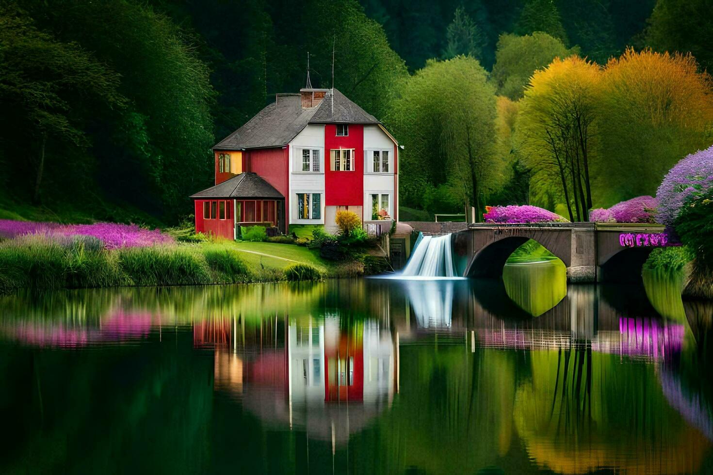 a house sits on a bridge over a river. AI-Generated photo