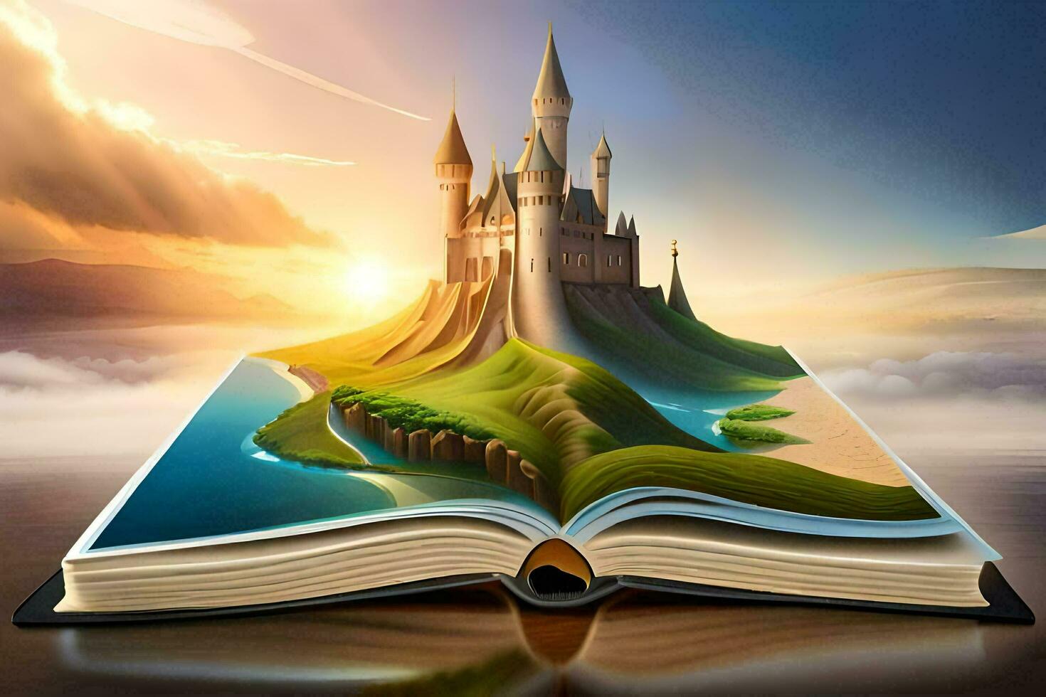 an open book with a castle on top of it. AI-Generated photo