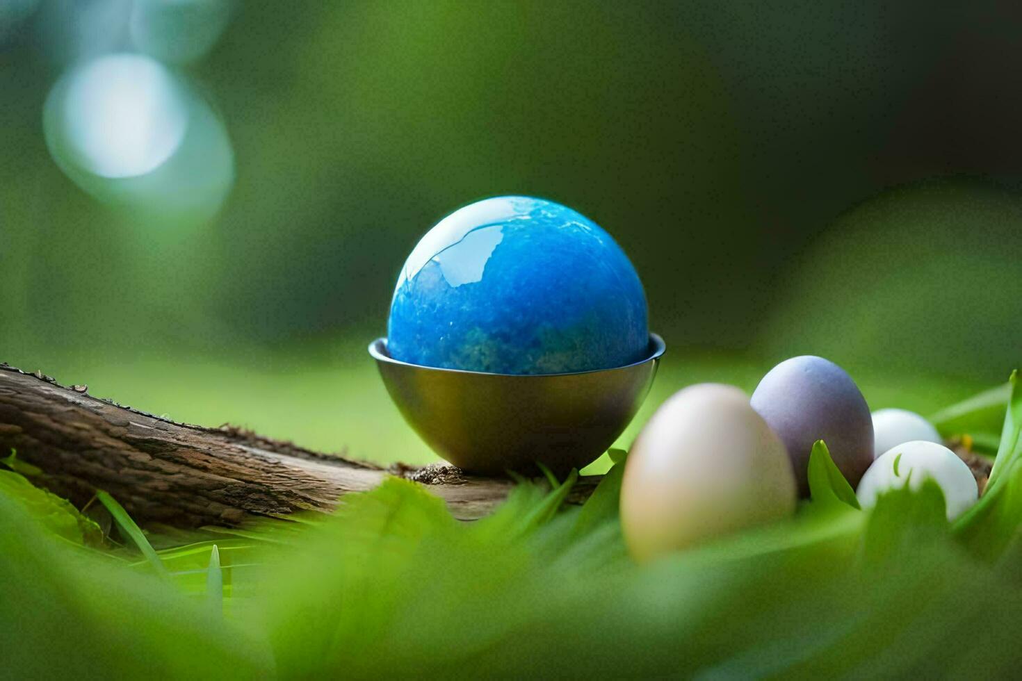 a blue egg is sitting on a branch with other eggs. AI-Generated photo