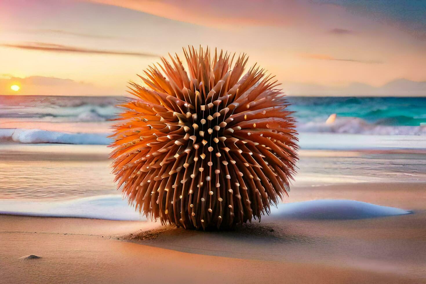 a spiky ball of sand on the beach at sunset. AI-Generated photo