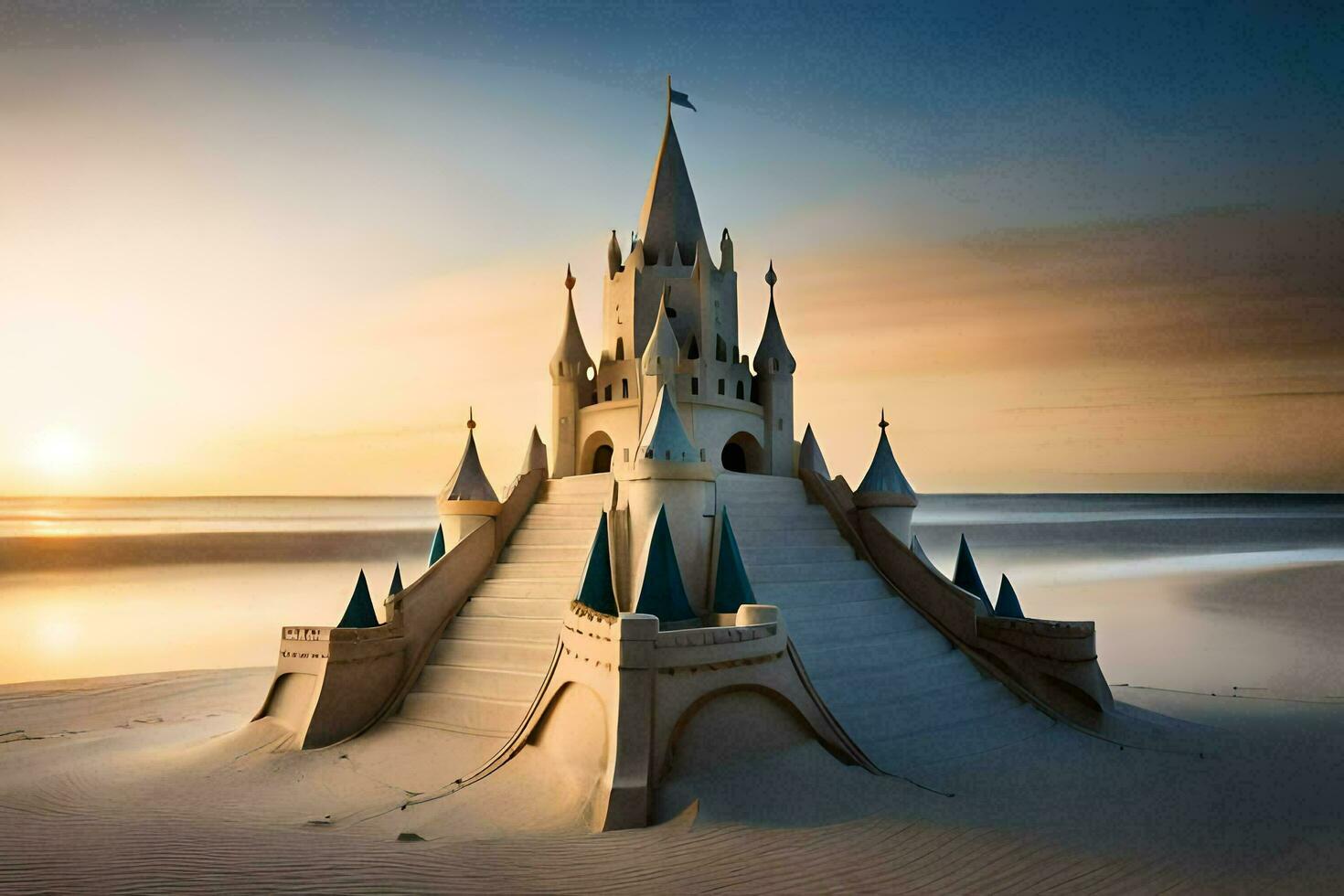 a castle made out of sand on the beach. AI-Generated photo