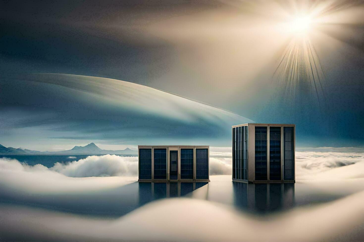 two buildings in the clouds with the sun shining. AI-Generated photo
