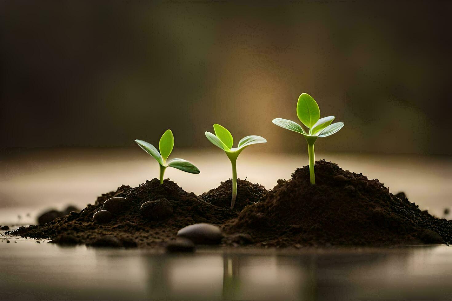 Tres joven plantas creciente en el suciedad. generado por ai foto