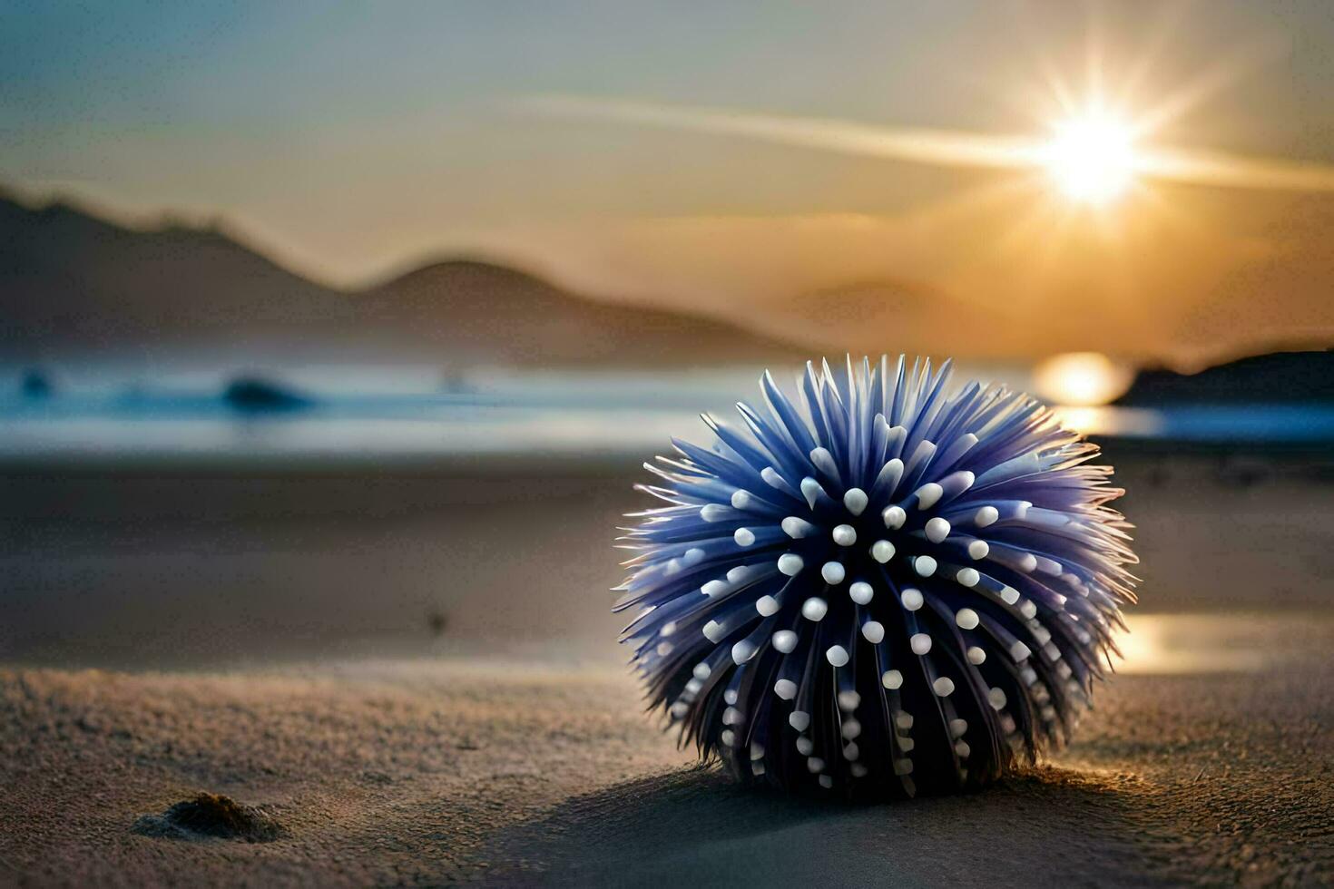 a spiky ball sits on the beach at sunset. AI-Generated photo