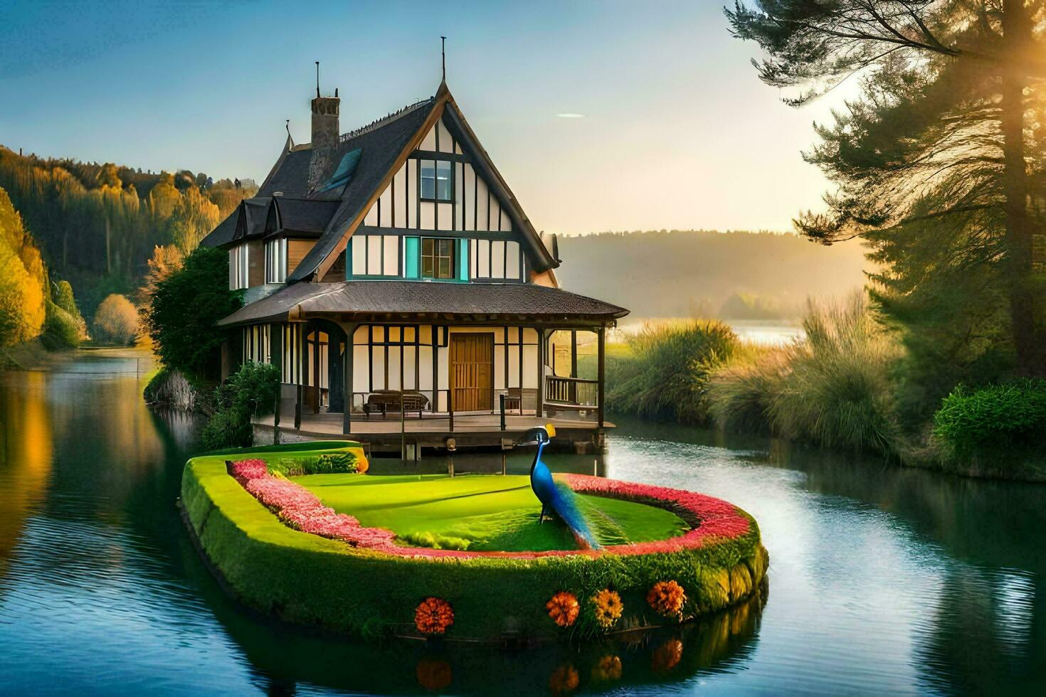 un casa en un lago con un estanque en el medio. generado por ai foto